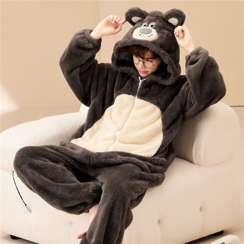 法兰绒连体睡衣男秋冬季加厚加绒珊瑚绒青少年初中学生大童家居服