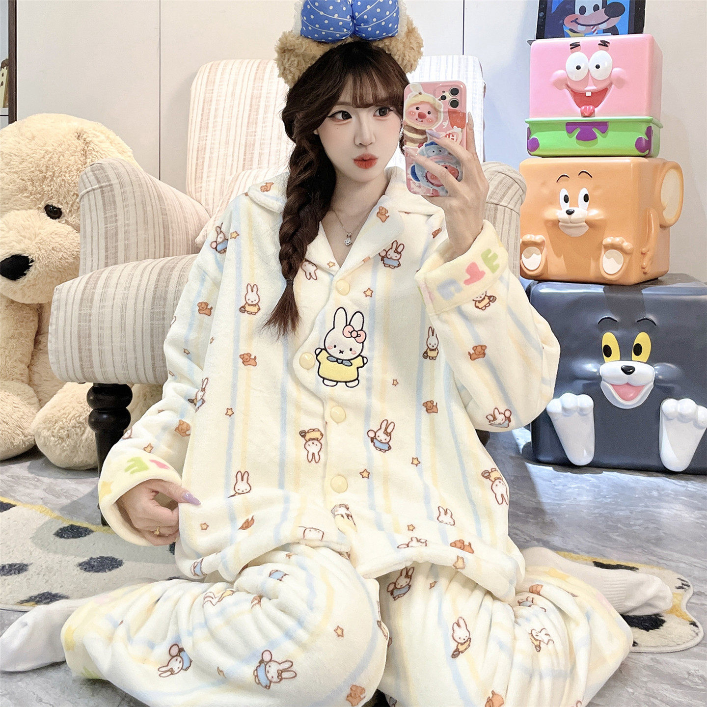 法兰绒睡衣女秋冬季加厚加绒珊瑚绒大童女孩学生家居服套装12岁15