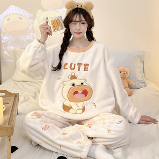法兰绒睡衣女生秋冬季珊瑚绒女孩中大童青少年学生韩版可爱家居服