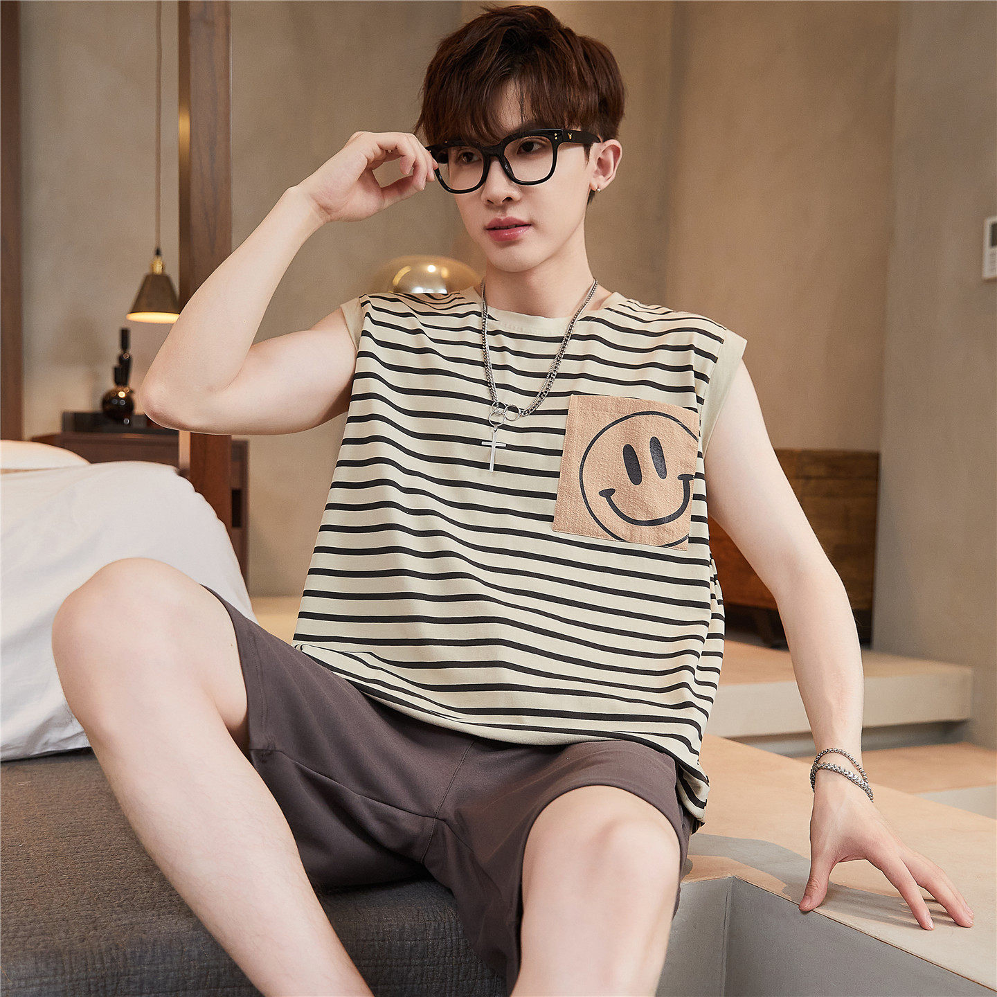 2026年新款睡衣男夏季纯棉无袖背心青少年初中高中学生家居服套装