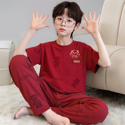 儿童睡衣男生夏季纯棉短袖长裤青少年初中高中学生红色家居服套装