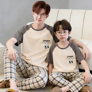 父子睡衣夏季短袖长裤纯棉儿童中大童青少年学生休闲风家居服套装