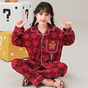 儿童睡衣女童春秋季长袖纯棉小女孩中大童格子红色家居服女生套装