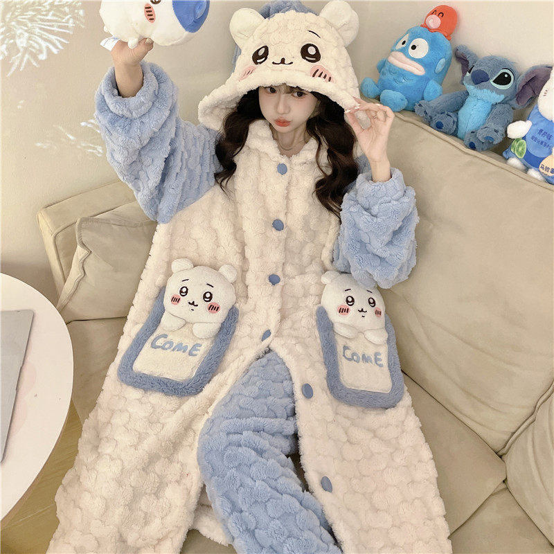 女童法兰绒睡衣秋冬季加厚加绒女孩中大童学生珊瑚绒睡袍长款套装
