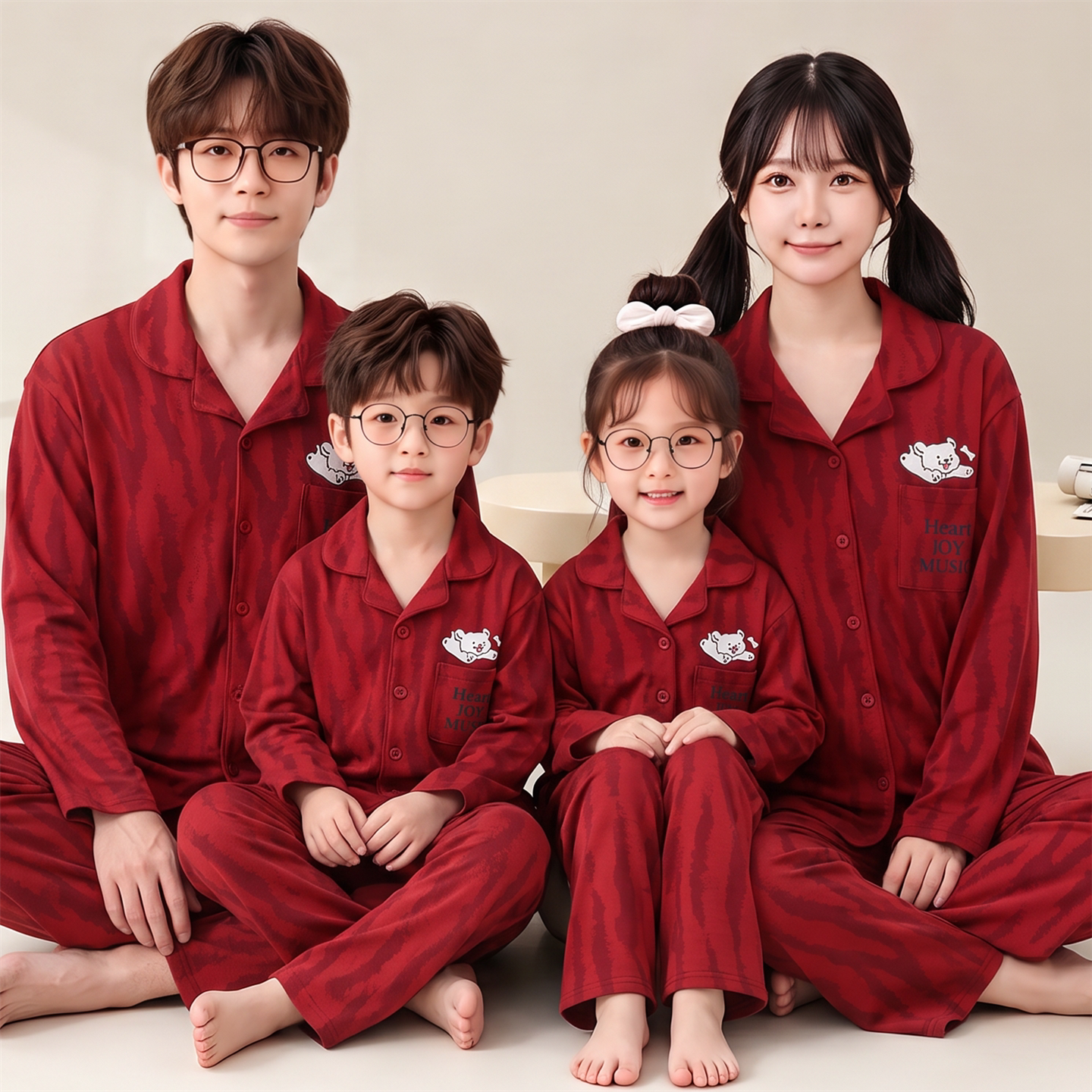 亲子睡衣一家三四口春秋季长袖纯棉儿童中大童红色开衫家居服套装