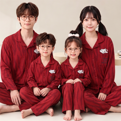 亲子睡衣一家三四口春秋季长袖纯棉儿童中大童红色开衫家居服套装