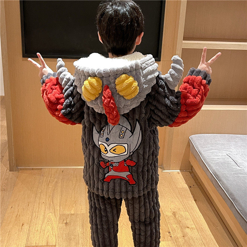 儿童睡衣男童男孩冬季三层夹棉加厚款加绒珊瑚绒棉袄中大童家居服