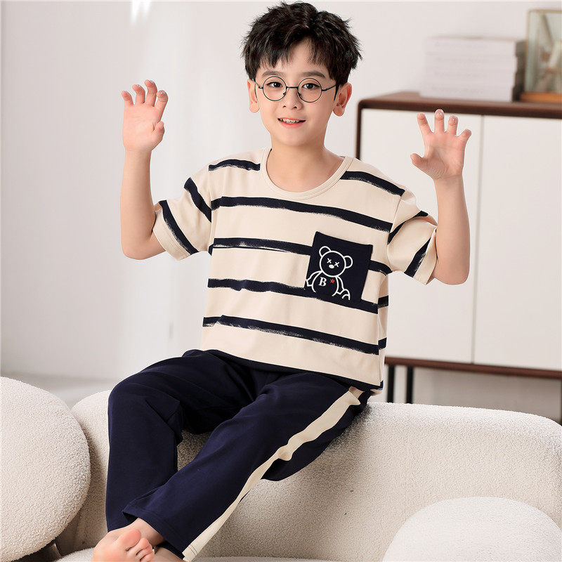 儿童睡衣男童纯棉短袖长裤中大童小孩全棉夏装青少年条纹两件套装