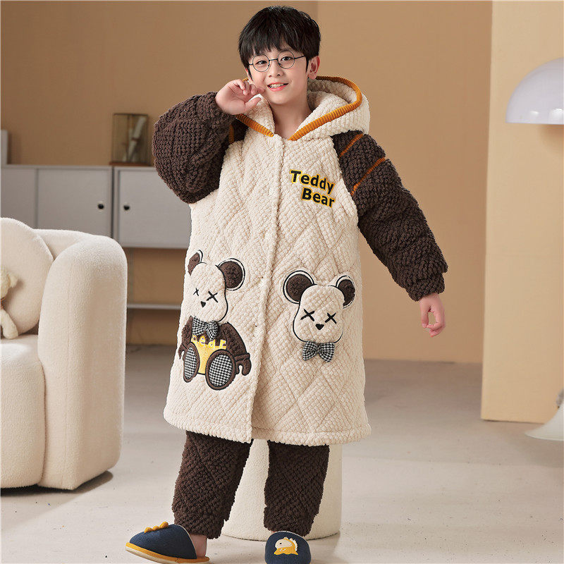 儿童睡衣男童加厚加绒三层夹棉2023新款男孩中大童法兰绒睡袍套装