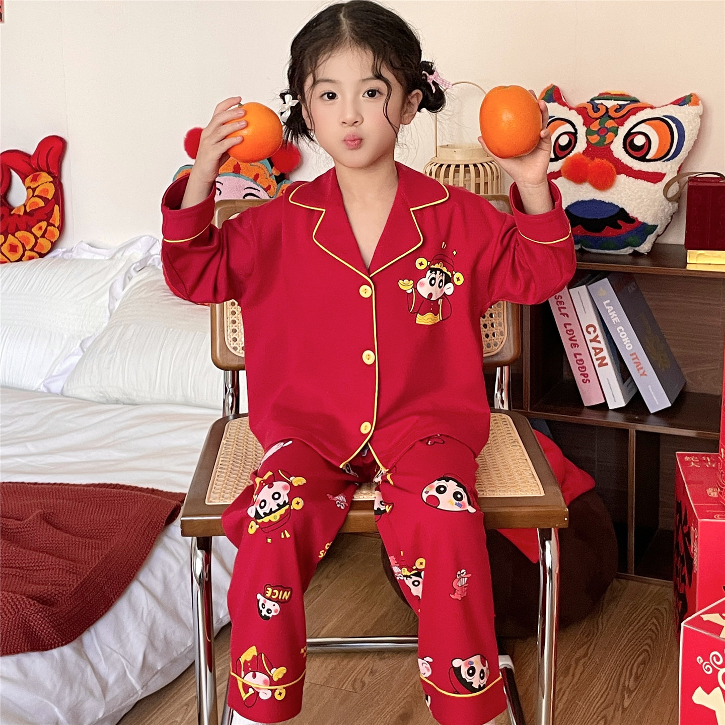 儿童睡衣女童春秋季纯棉长袖12岁女孩中大童15红色母女家居服套装