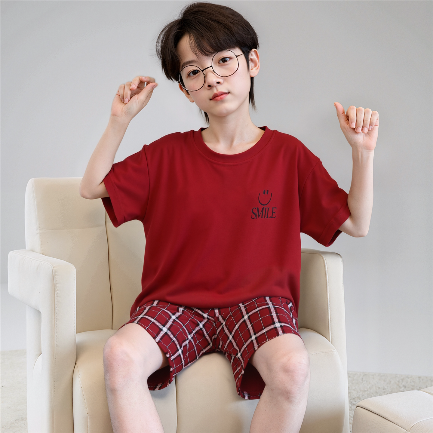 男童睡衣夏季薄款短袖纯棉儿童中大童青少年红色本命年家居服套装