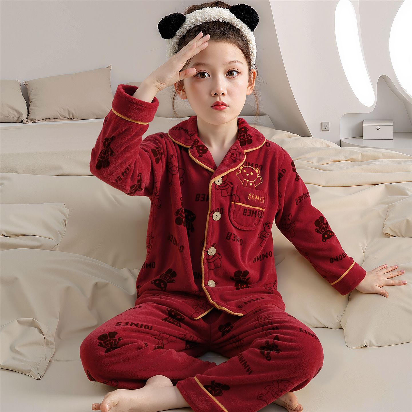 儿童睡衣女童秋冬季珊瑚绒法兰绒女孩中大童本命年红色家居服套装