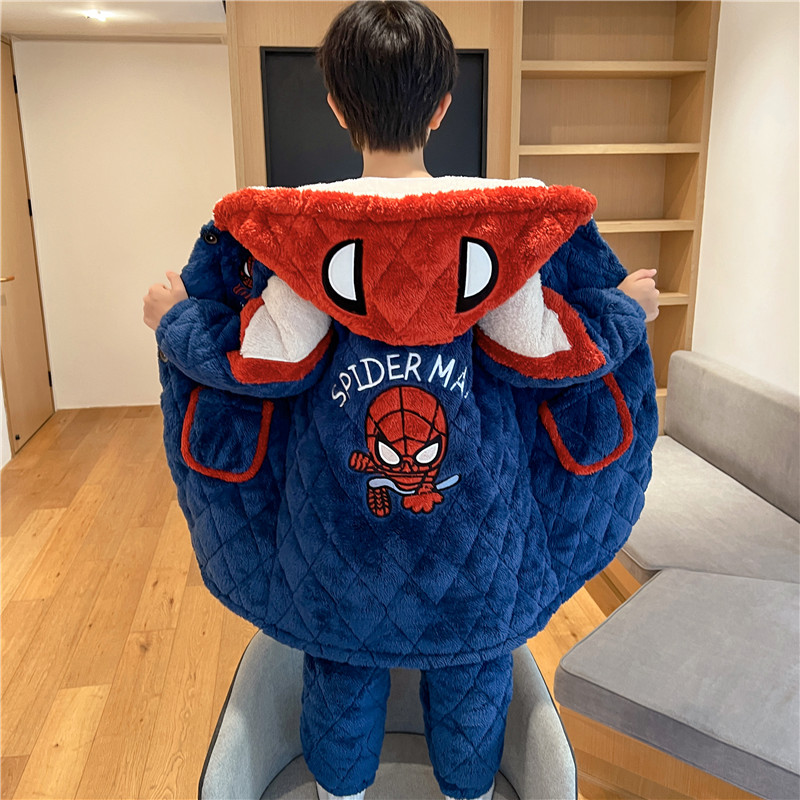 儿童睡衣男童秋冬季法兰绒三层夹棉男孩中大童珊瑚绒睡袍长款套装