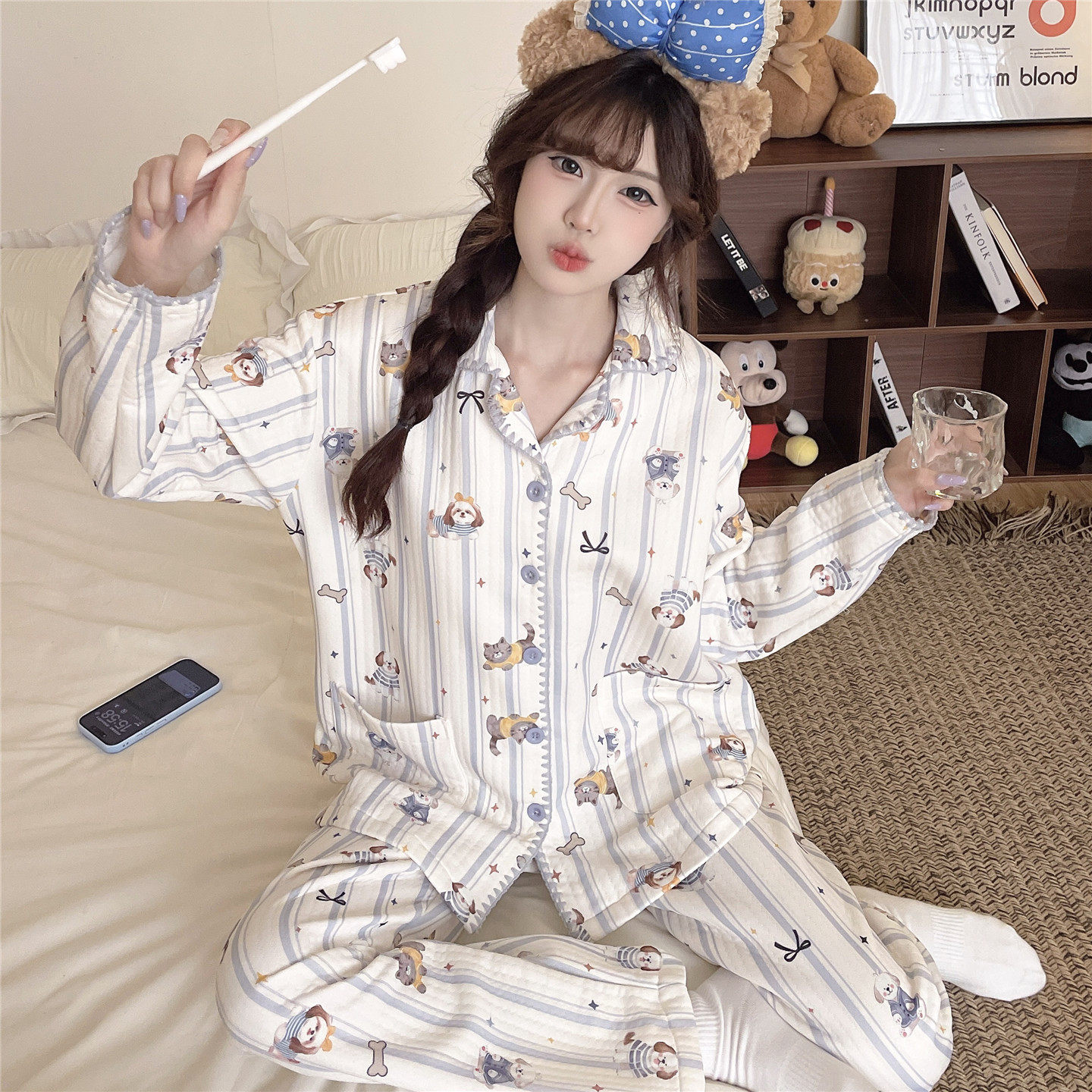 睡衣女生春秋季长袖夹层棉女孩中大童初中高中学生可爱卡通家居服