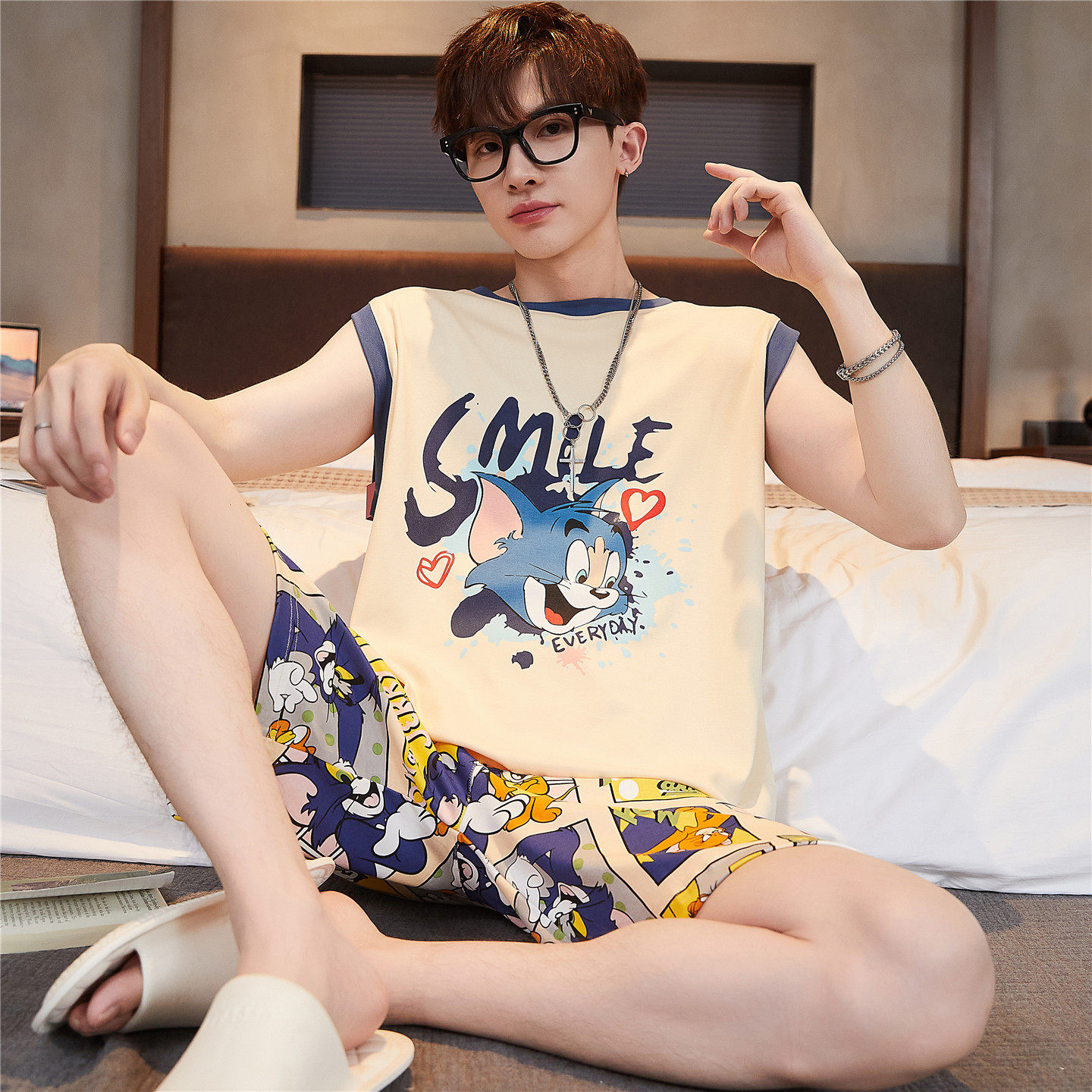 大童睡衣男孩夏季薄款短袖纯棉男款青少年学生背心无袖家居服套装