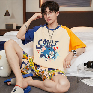 青少年睡衣男夏季短袖纯棉卡通初中学生中大童薄款家居服男生套装