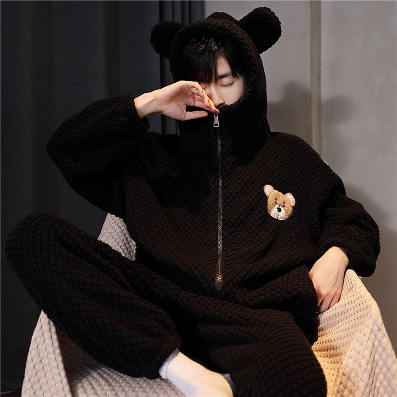 睡衣男款秋冬季珊瑚绒加厚加绒青少年学生法兰绒可外穿男士家居服