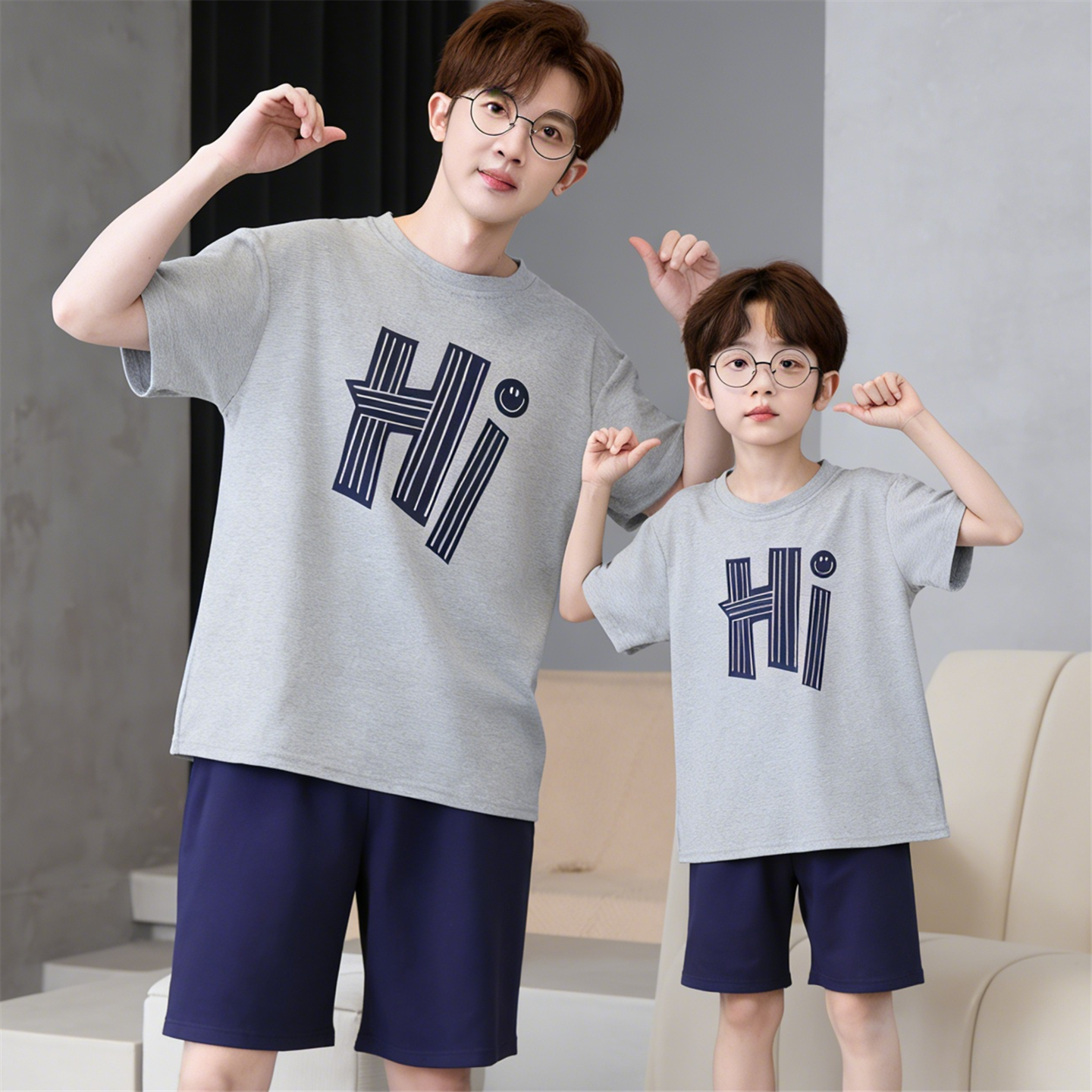 儿童睡衣夏季短袖纯棉男孩中大童学生韩版简约亲子父子家居服套装