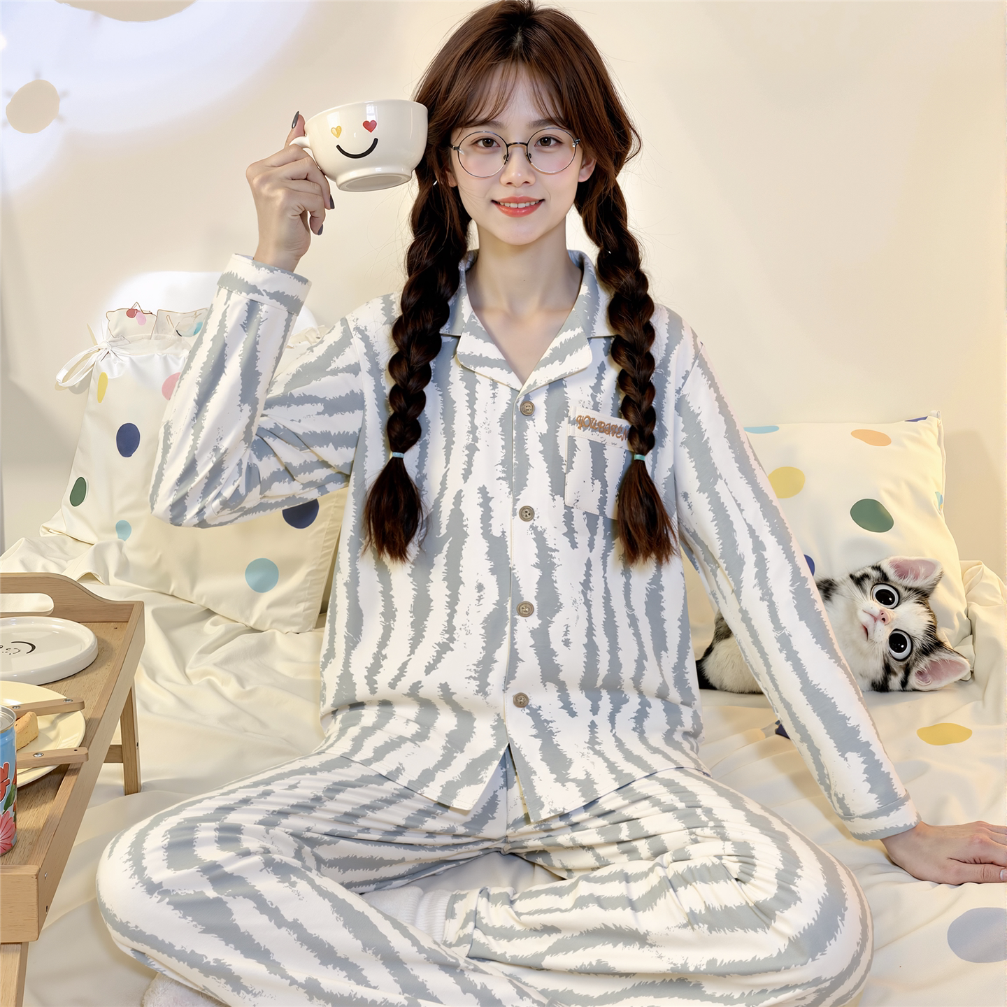 睡衣女春秋季长袖纯棉大童女孩青少年高中学生韩版简约家居服套装