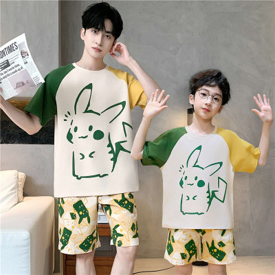 亲子睡衣一家三口夏季薄款短袖纯棉儿童中大童父子母女家居服套装