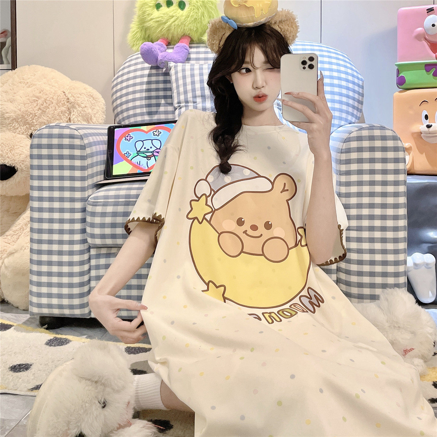 睡衣女生夏季薄款短袖纯棉大童女孩学生全棉大码家居服中长款睡裙