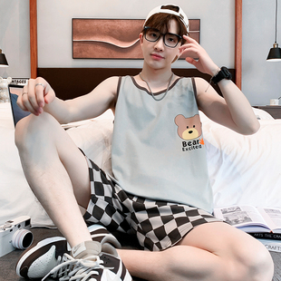 男士睡衣夏季短袖薄款纯棉男款青少年学生背心无袖家居服两件套装