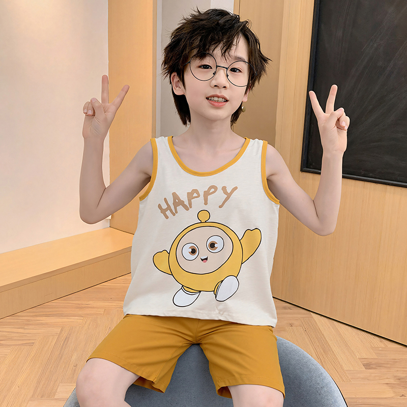 儿童纯棉睡衣男童夏季薄款无袖背心男孩中大童可爱卡通家居服套装