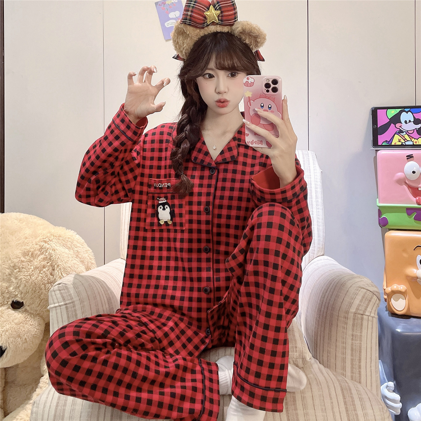 女士睡衣春秋季纯棉长袖大童女孩初中高中学生红色新年家居服套装