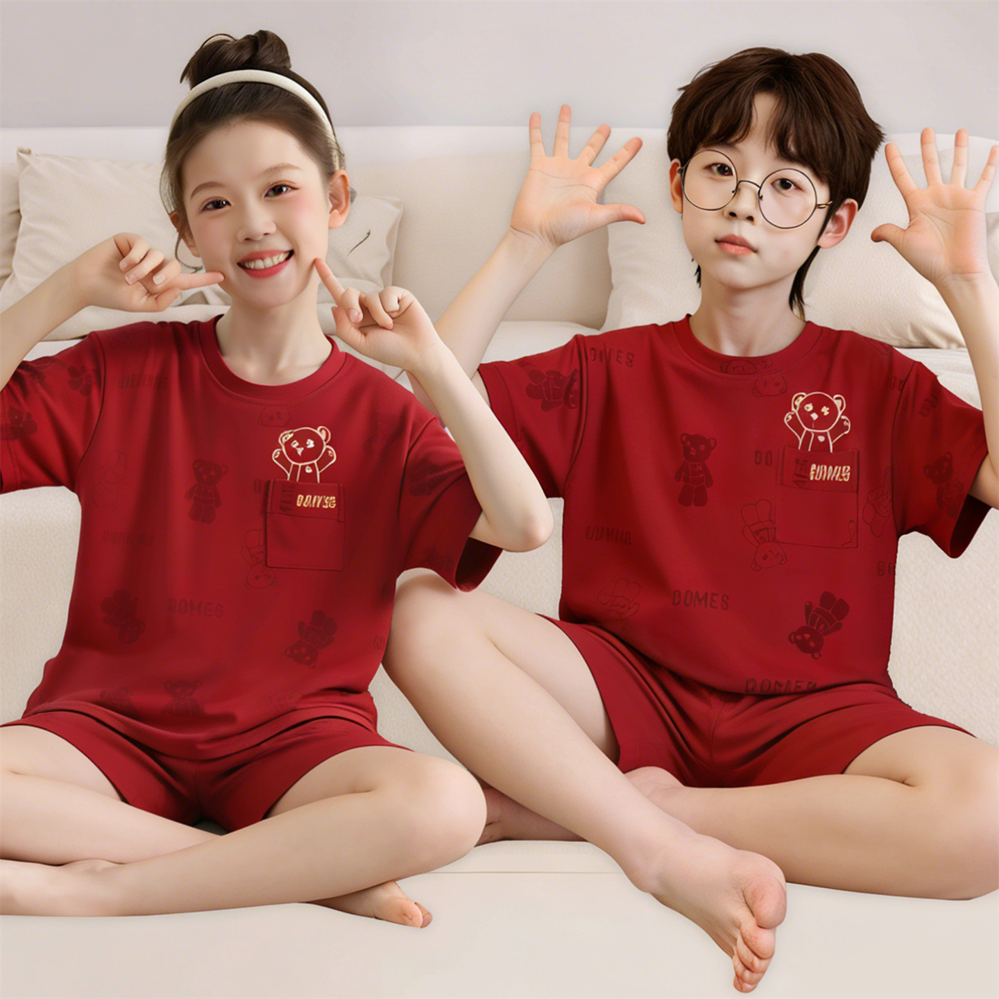 2026新款儿童睡衣男童夏季薄款短袖纯棉女孩中大童红色家居服套装