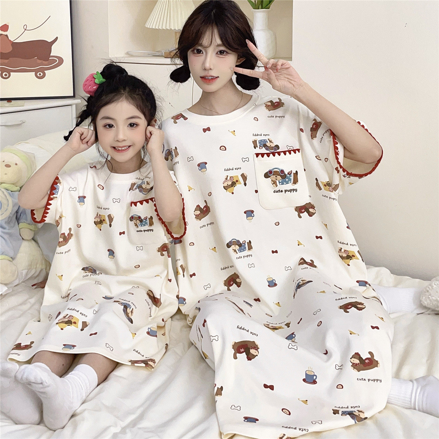 儿童睡衣女童睡裙夏季薄款短袖纯棉小女孩中大童母女公主风家居服