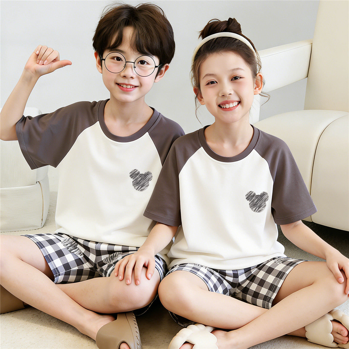 儿童睡衣男童女孩夏季薄款短袖纯棉小孩中大童简约休闲家居服套装