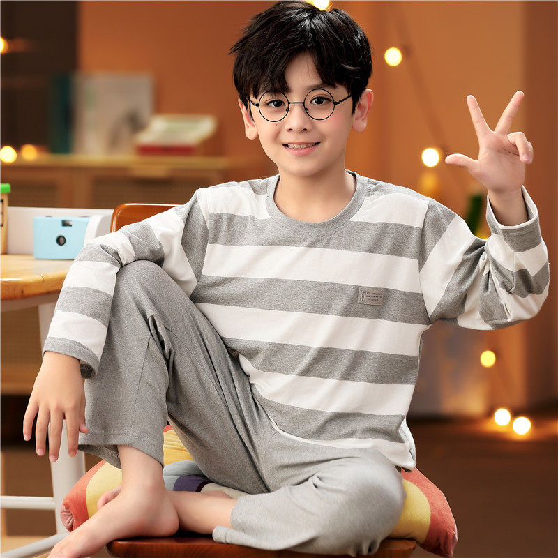 青少年睡衣男孩12岁秋季长袖纯棉15初中学生男童中大童条纹家居服