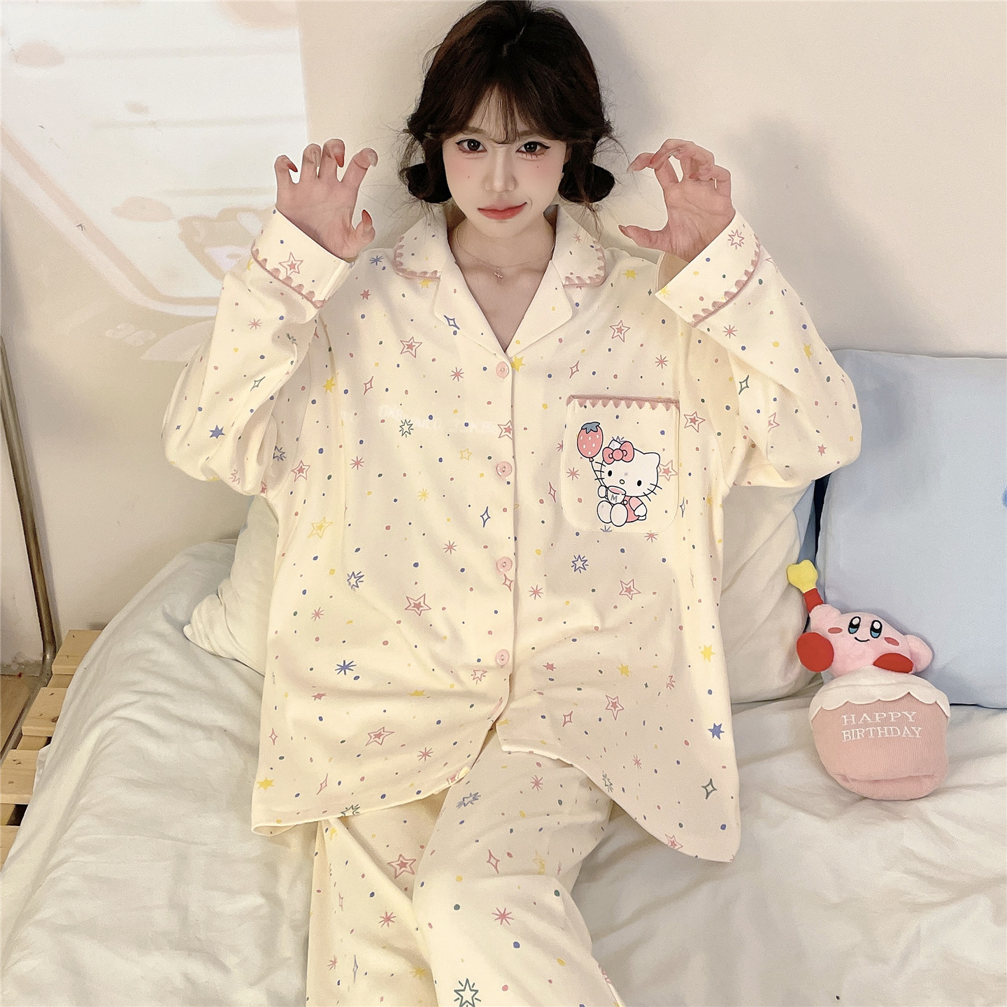 大童睡衣女孩春秋季纯棉长袖开衫少女初中学生可爱卡通家居服套装