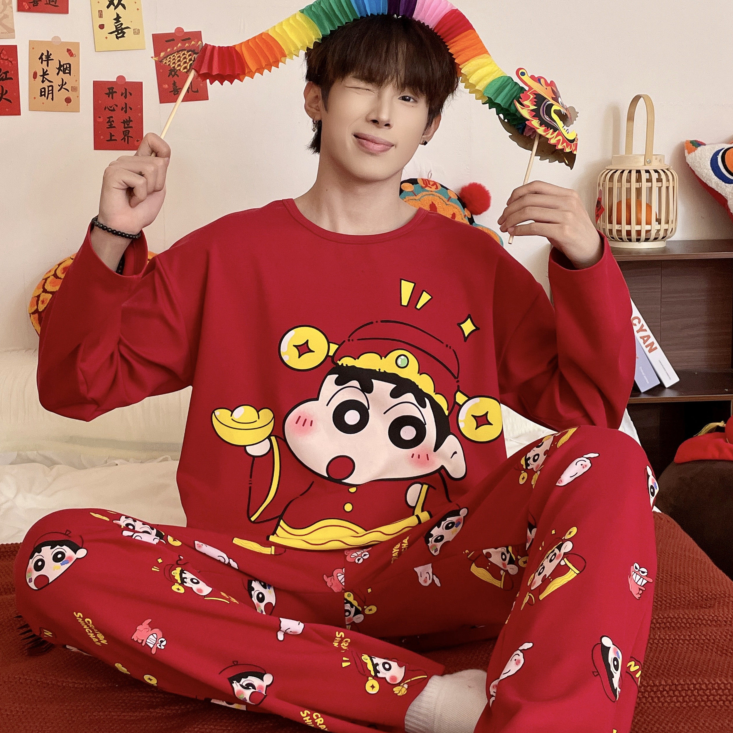 睡衣男款纯棉长袖春秋季男孩中大童青少年学生红色新年家居服套装
