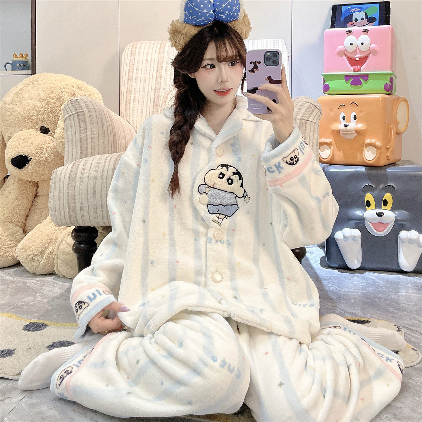 大童睡衣女孩秋冬季珊瑚绒法兰绒初中高中学生可爱卡通家居服套装