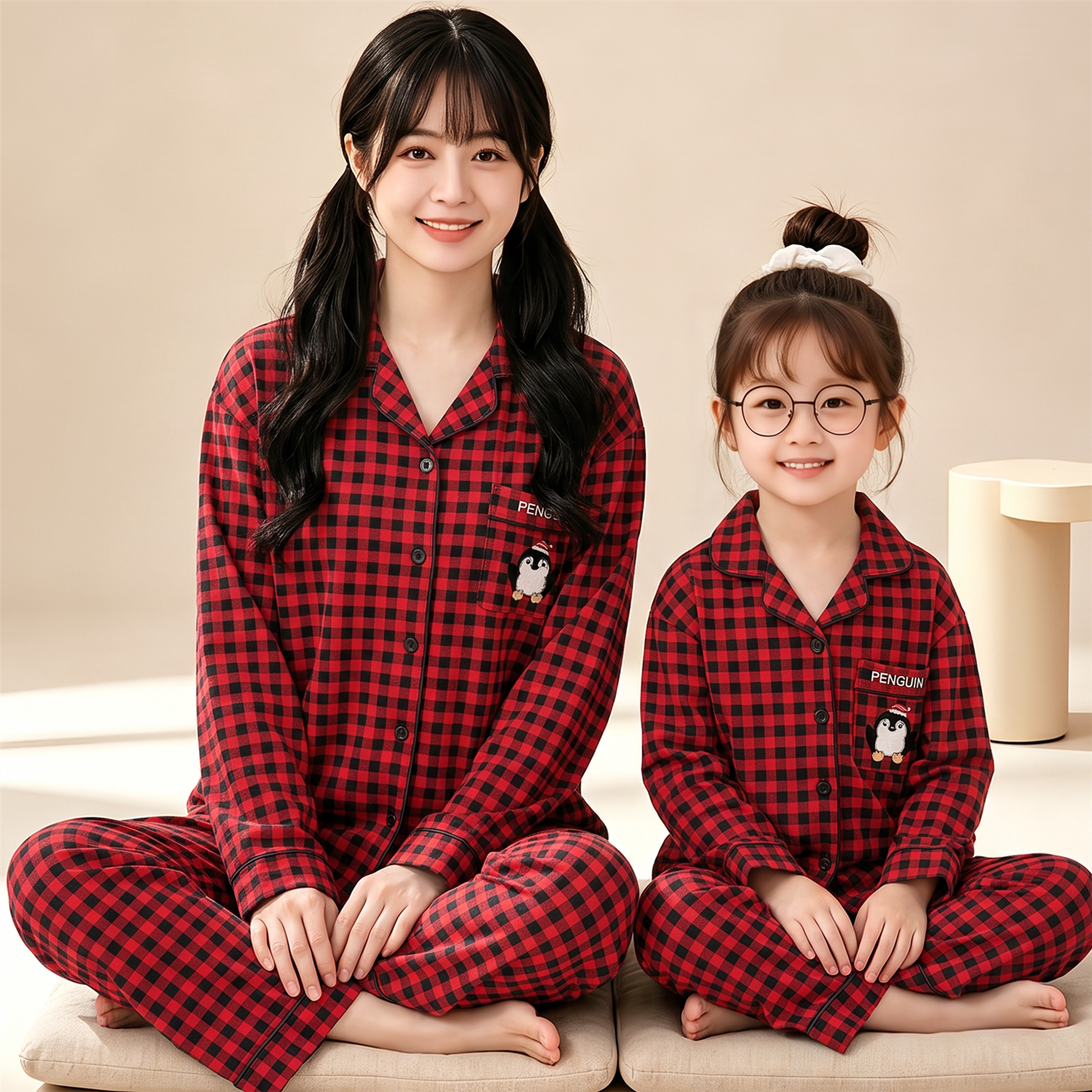 儿童睡衣女童春秋季长袖纯棉女孩中大童母女亲子装红色格子家居服