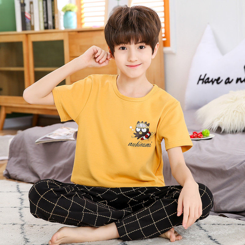 儿童纯棉睡衣男孩夏季薄款短袖长裤男童睡衣全棉中大童家居服套装
