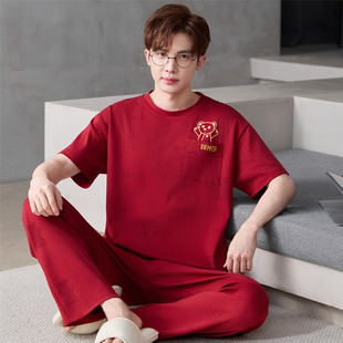 睡衣男夏季短袖长裤纯棉青少年初中高中学生红色本命年家居服套装