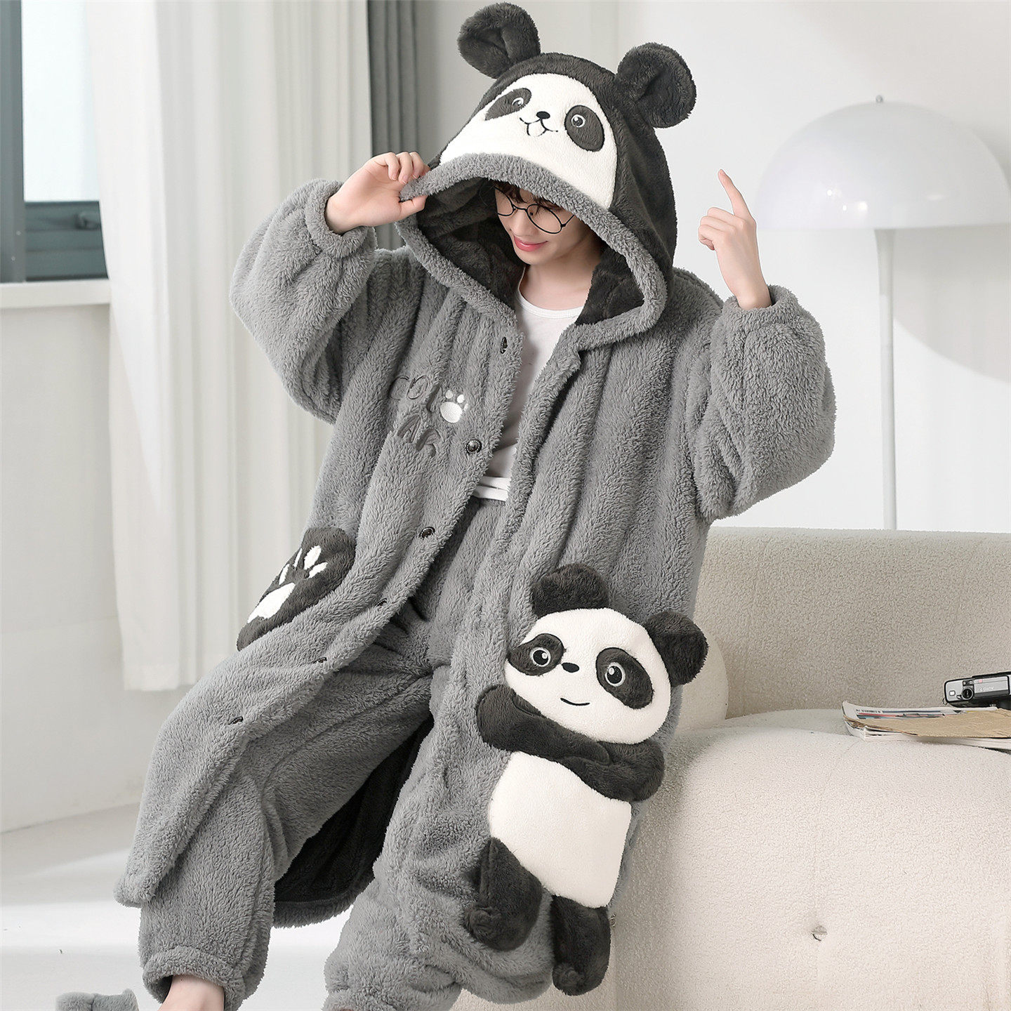 睡衣男士秋冬季加厚珊瑚绒法兰绒青少年学生中长款家居服睡袍套装