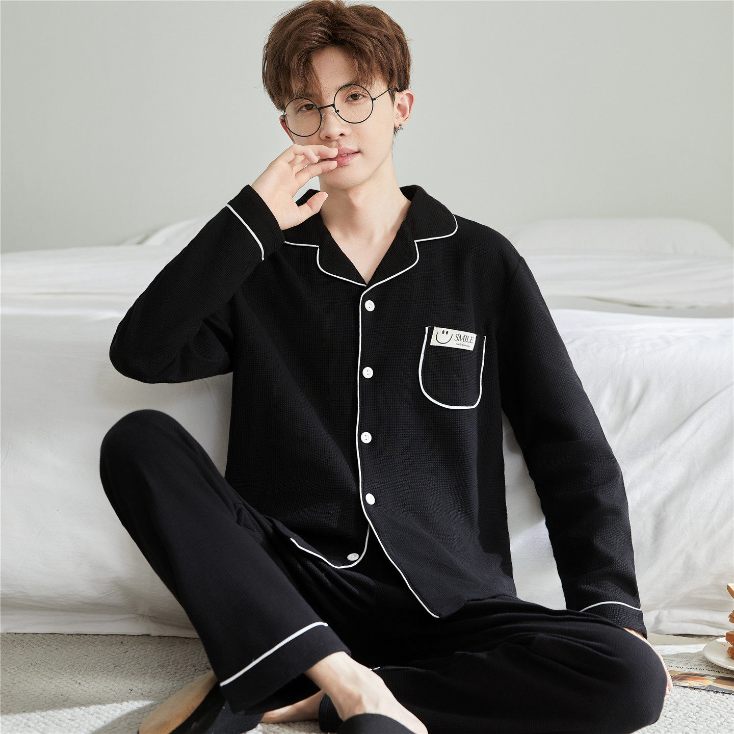 睡衣男款纯棉长袖春秋季男孩中大童青少年学生休闲简约家居服套装