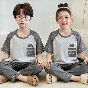 儿童睡衣女童夏季纯棉短袖长裤男童中大童青少年家居服套装12岁15