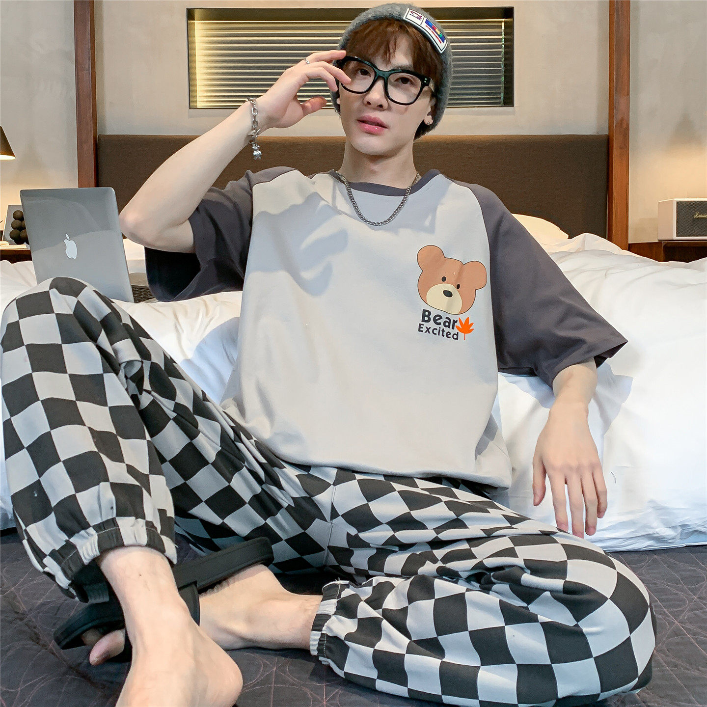 男士睡衣夏季薄款短袖长裤青少年学生全棉卡通加大加肥家居服套装