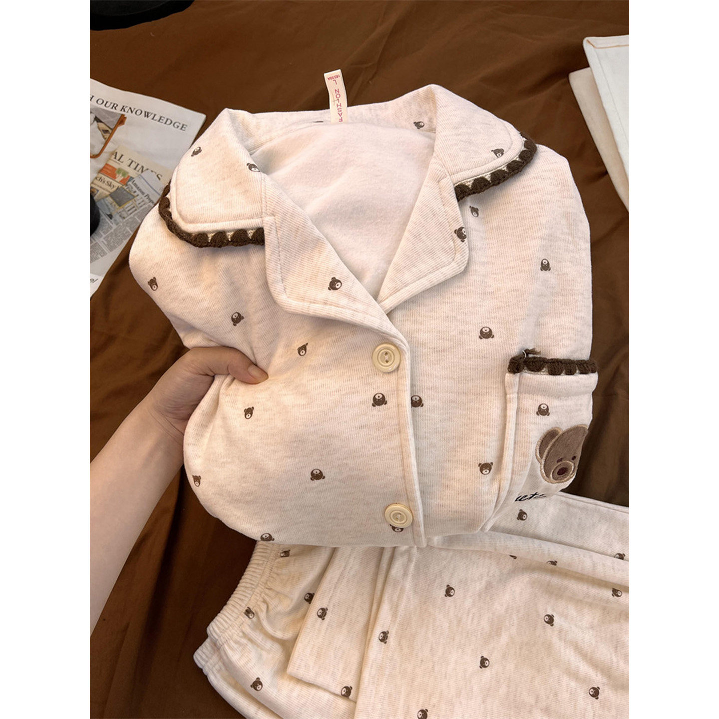 少女感甜美卡通小熊满印翻领长袖睡衣女秋冬季保暖长裤家居服套装