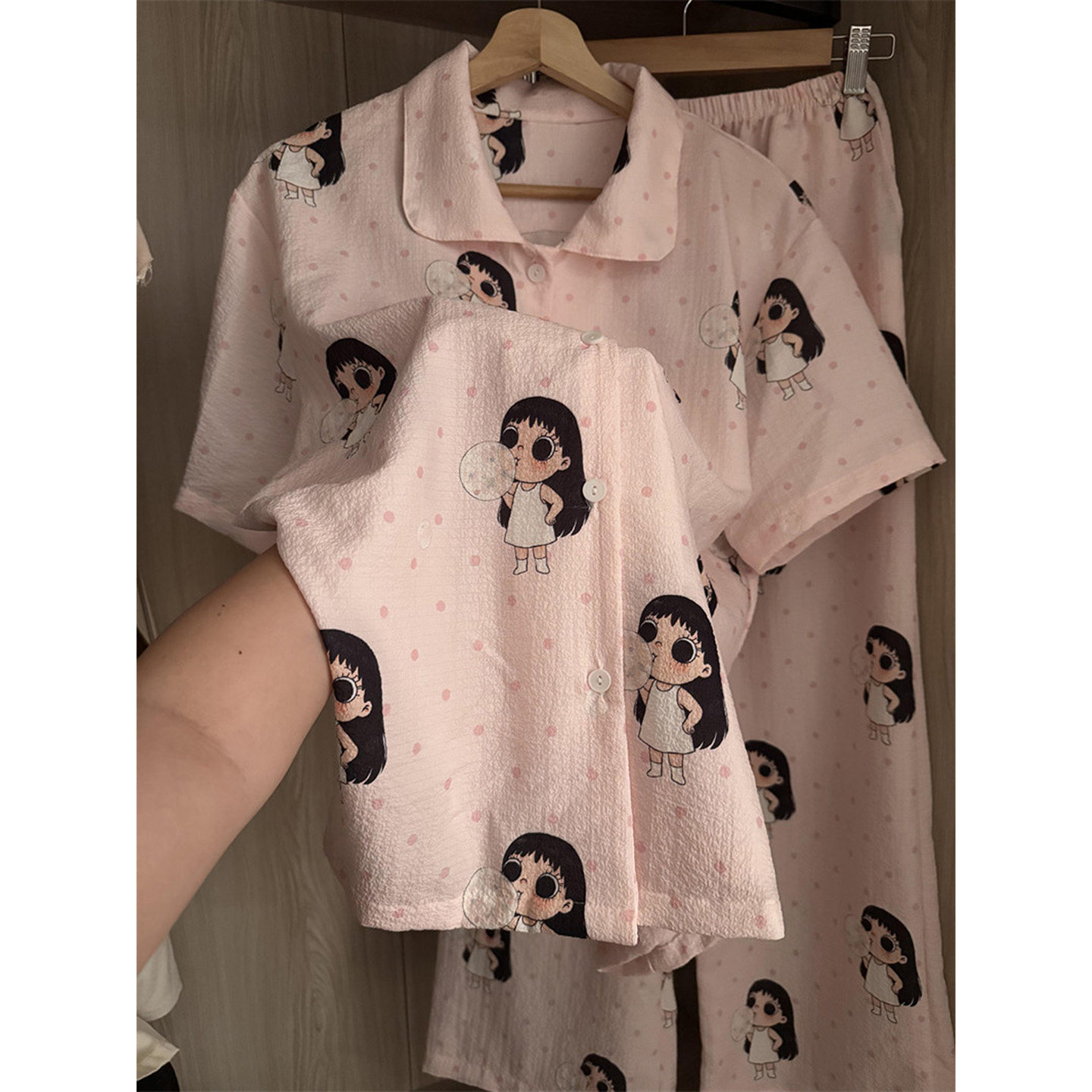 甜美可爱粉色卡通小玉波点睡衣短袖女夏季云朵棉家居服三件套装潮