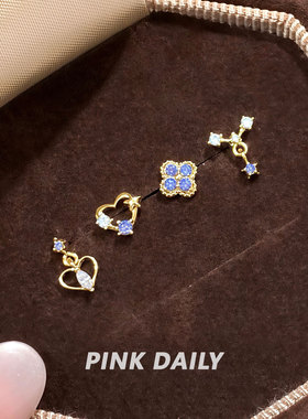 Pink Daily金色小巧爱心闪钻撞色医用钛钢小耳钉女精致耳骨钉耳饰