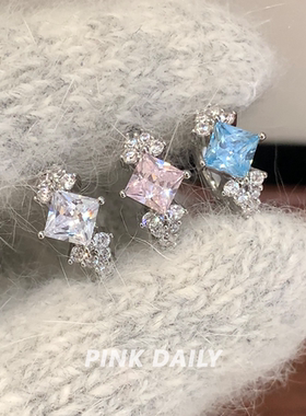 Pink Daily爆闪彩色小方糖锆石直针耳环女高级感素圈耳扣耳圈耳饰