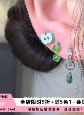 Pink Daily绿色苹果气泡钛钢可爱耳钉女小巧甜美耳骨钉耳蜗钉耳饰