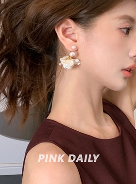 Pink Daily法式树脂花朵珍珠马蹄环耳钉耳夹女气质u型高级感耳饰