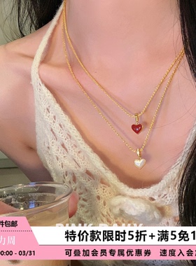 【特价款】红色双面贝母爱心吊坠钛钢项链女简约锁骨链装饰毛衣链