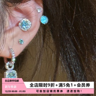 Pink Daily爆闪镶钻蓝色方糖华子耳蜗钉独特耳骨钉钛钢马蹄环耳饰